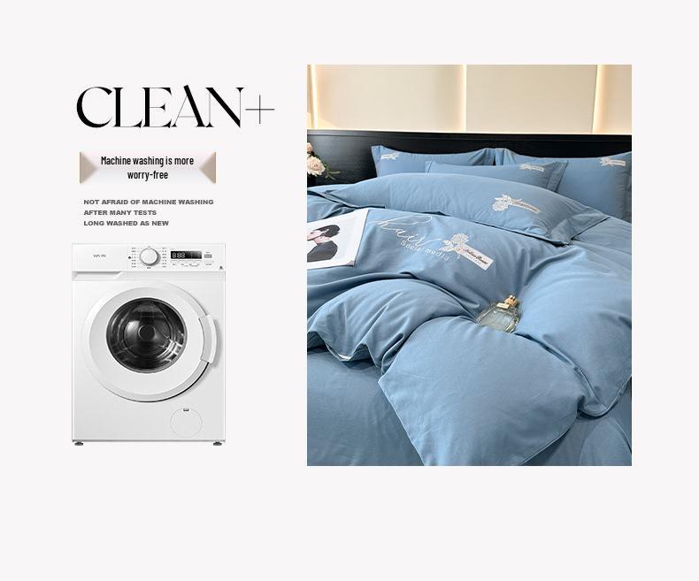 Luxury Pure Cotton Flannel Four-Piece Bedding Set: Solid Color Embroidered Bed Sheet & Duvet Cover Gift.