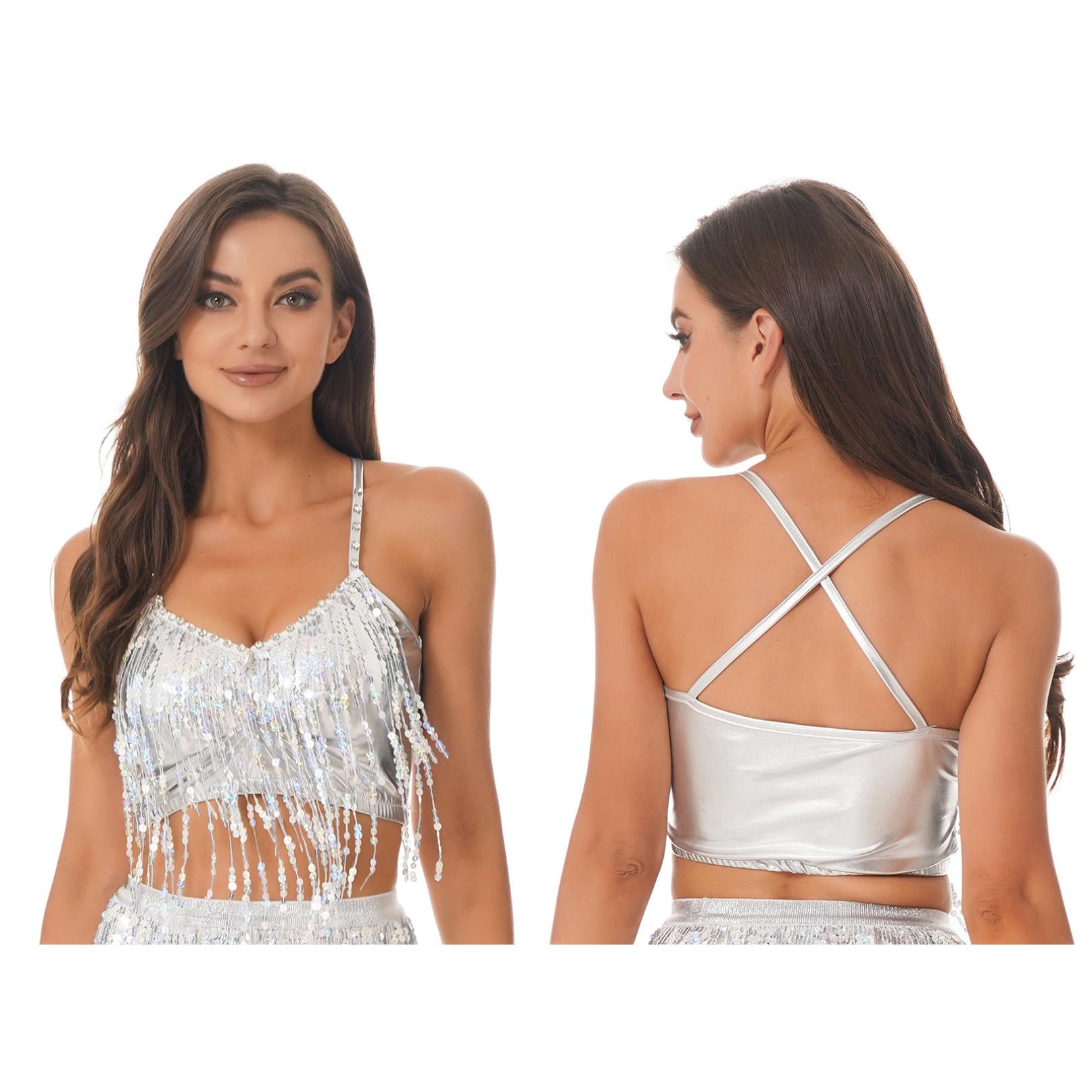 

Жіночі блискучі паєтки, китиці, бюстгальтери на застібках, костюми для латиноамериканського танцю живота, клубна вечірка, фестиваль, рейв-кроп-топи XL срібний