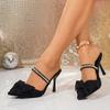 Fashion Summer New Plus Size Wrapped Toe Stiletto Slippers Women Pointed Toe Shallow Mouth Bow Rhinestone Strap Heels