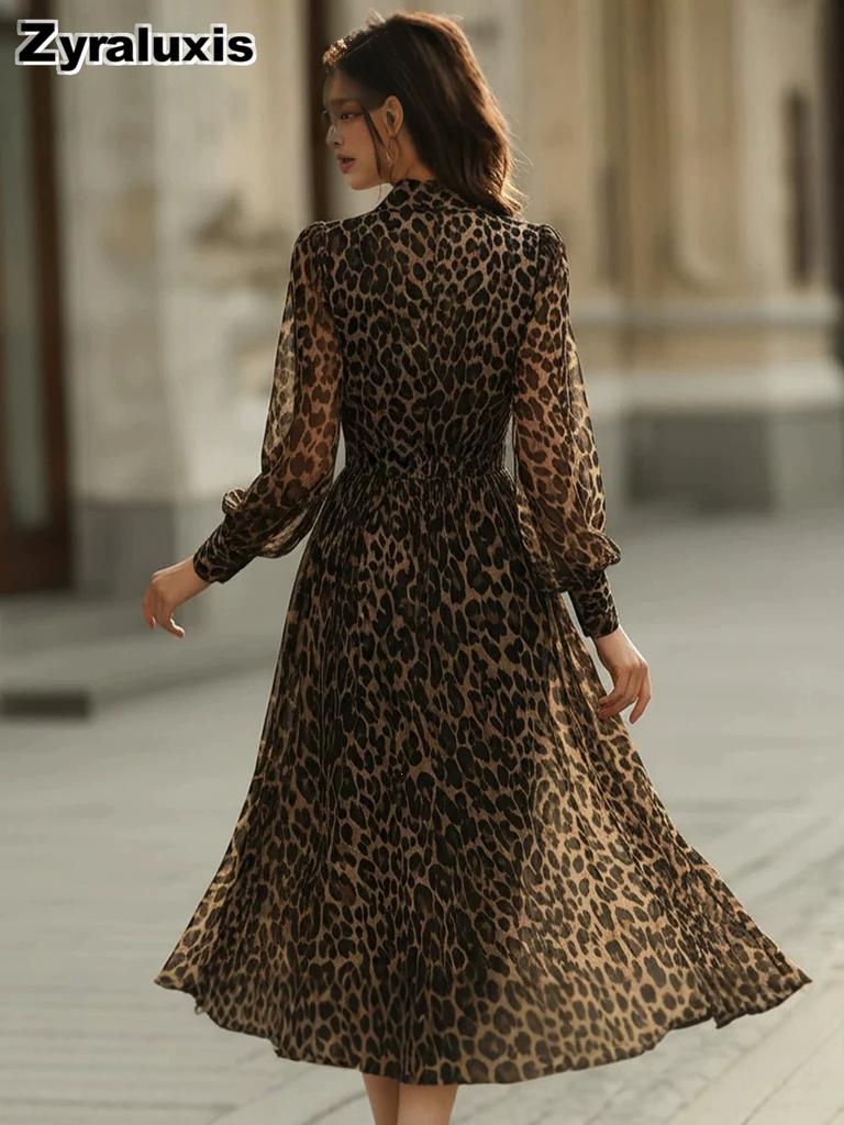 Yeni Kadın V Yaka Leopar Desenli Uzun Kollu Elbise Zarif Moda Akıcı Maksi Elbise Kadınlar İçin