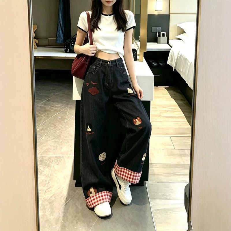 Jeans de pierna ancha bordados para mujer otoño, nuevo diseño holgado, empalme a cuadros, pantalones largos