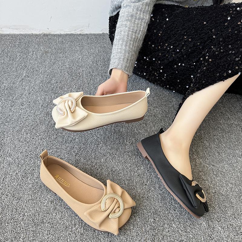 Flat bottom metal buckle bow single shoes women's new fashion versatile soft sole comfortable Doudou shoes casual single shoes