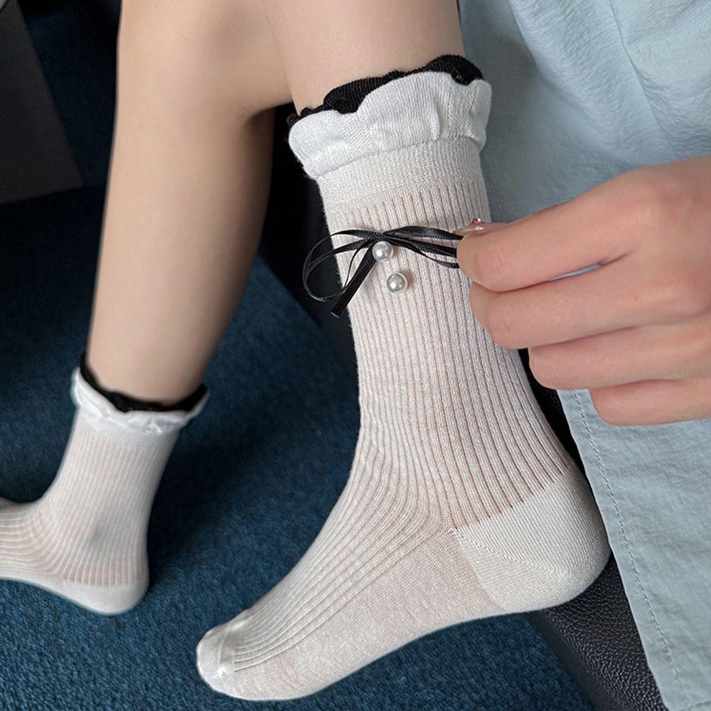Cute Bow Socks Sweat Absorption Ruffle Socking New Mid Tube Socks  Spring and Autumn
