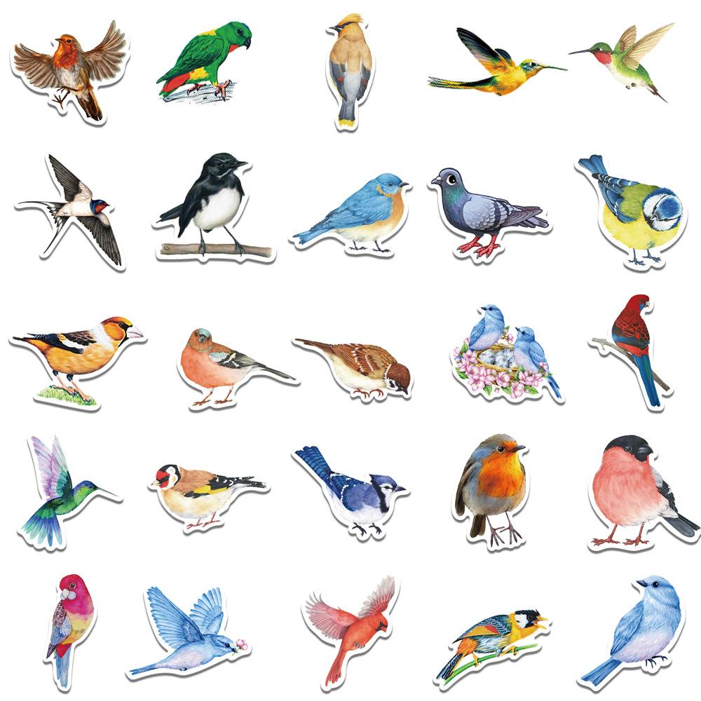 50Pcs Watercolor Bird Handmade Account Stickers DIY Luggage Refrigerator Water Cup Waterproof Sticker Laptop Guitar Decoration