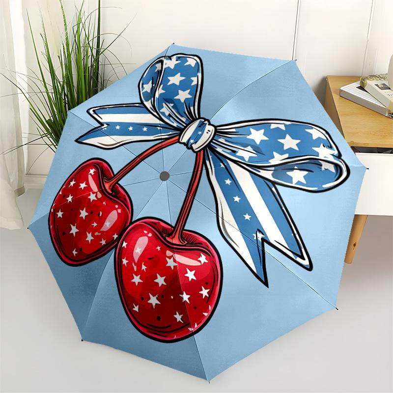 1pc Cherries Bow Automatic Folding Umbrella with 8-Rib Windproof Design, Portable Foldable Sunshade Umbrella For Halloween 109