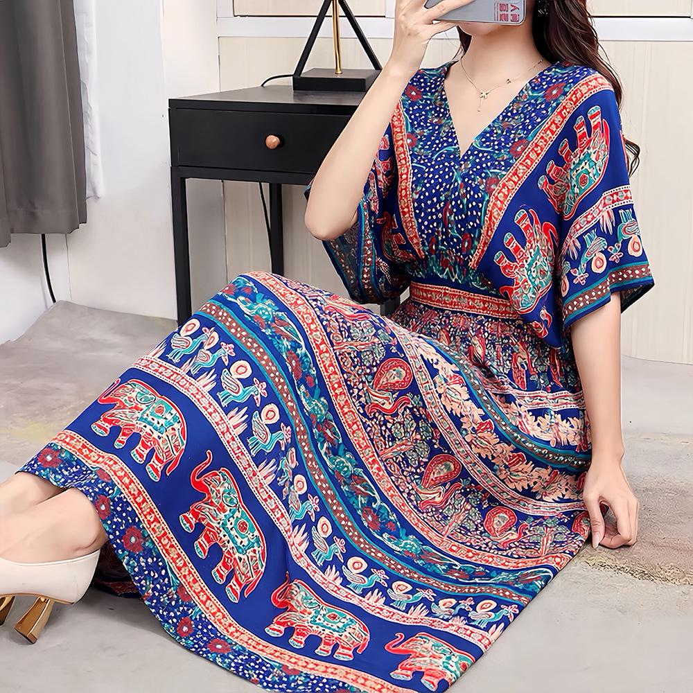 26-Year Floral V-Neck Cotton Silk Batwing Sleeve Beach Dress - Thailand Travel & Vacation Skirt Style