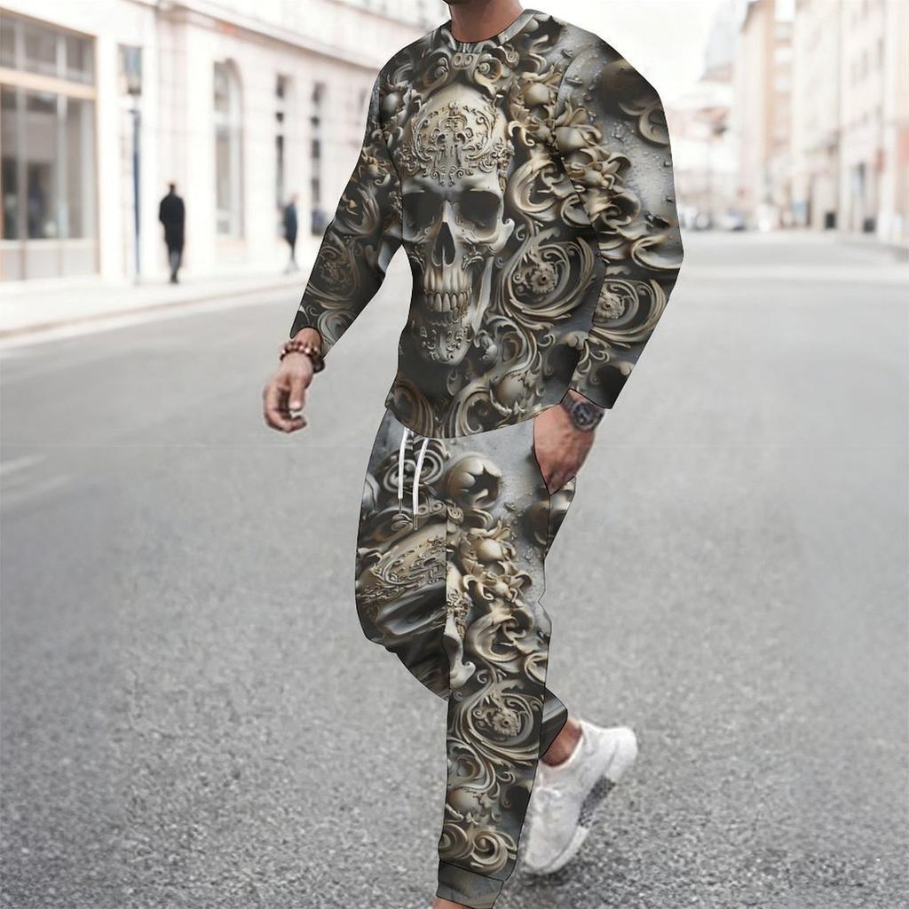 Men Purple Lace Background Skull Purple Rose Print Long Sleeve Sweatshirt And Jogger Pants Two Piece Outfit