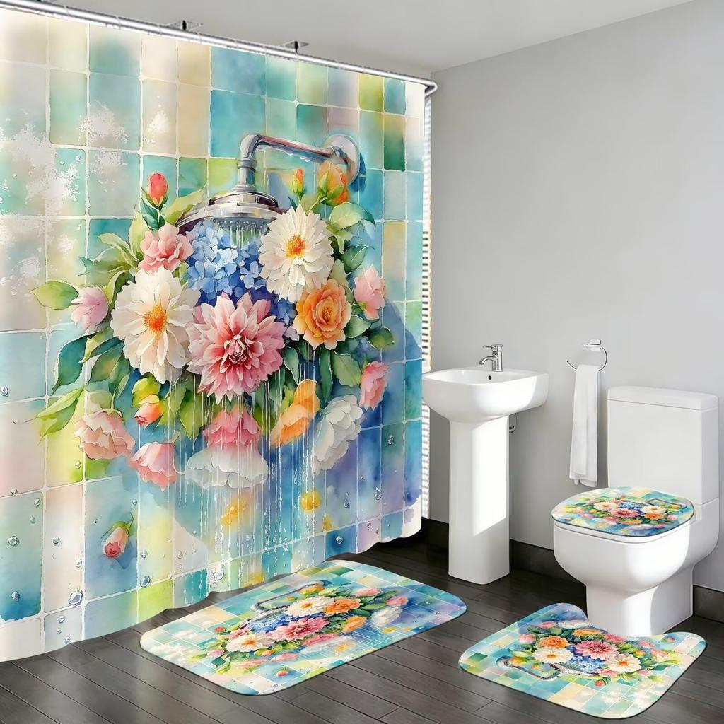 4Pcs Shower Curtain Set with Non-Slip Bath Mat, Toilet Lid Cover, Contour Rug & 12 Hooks, Bathroom