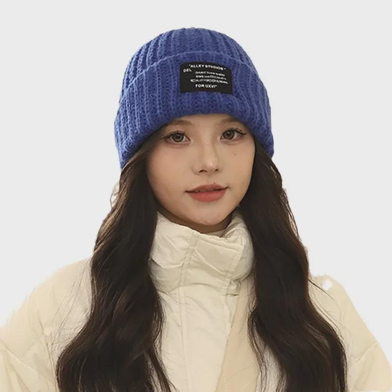Jednobarevná vlněná pletená čepice - velká, teplá, unisex na outdoor, podzim a zima, korejský styl