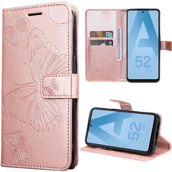 Coque - BOOLING - pour Samsung Galaxy A52 4G/5G - Rose - Motif Papillon - Fermeture Magnétique