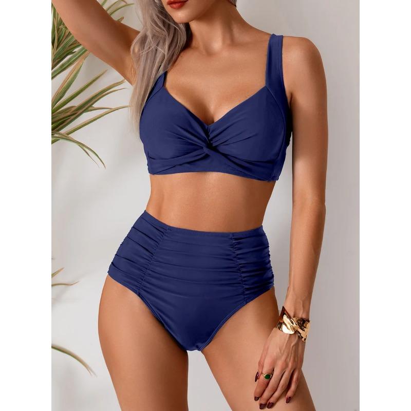 Sexy Sportswear for Women Vintage Fashion Sleeveless Swim Solid Folds 2025 New Spring Summer Two Piece Suits Bikinis Set