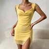 Hot-selling swinging neck wide shoulder strap mesh hip-wrapped short skirt women's back hollow lace-up waist irregular dress