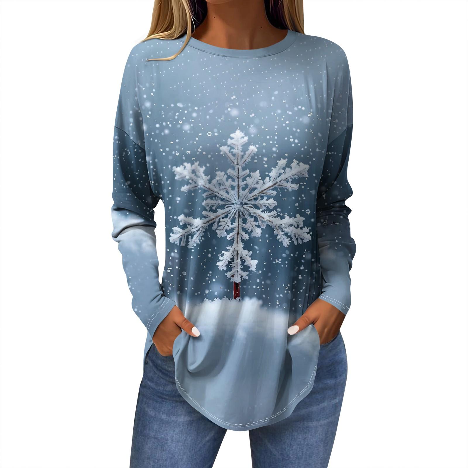 

Женская модная повседневная футболка с круглым вырезом и длинным рукавом с рождественским принтом XXL белый