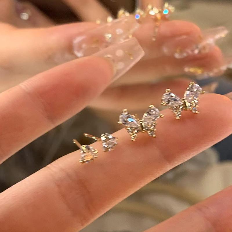 4Pcs/Set Fashion Simple Rhinestone Heart Butterfly Stud Earrings For Women Y2K Punk Light Luxury Exquisite Wedding Jewelry Gifts