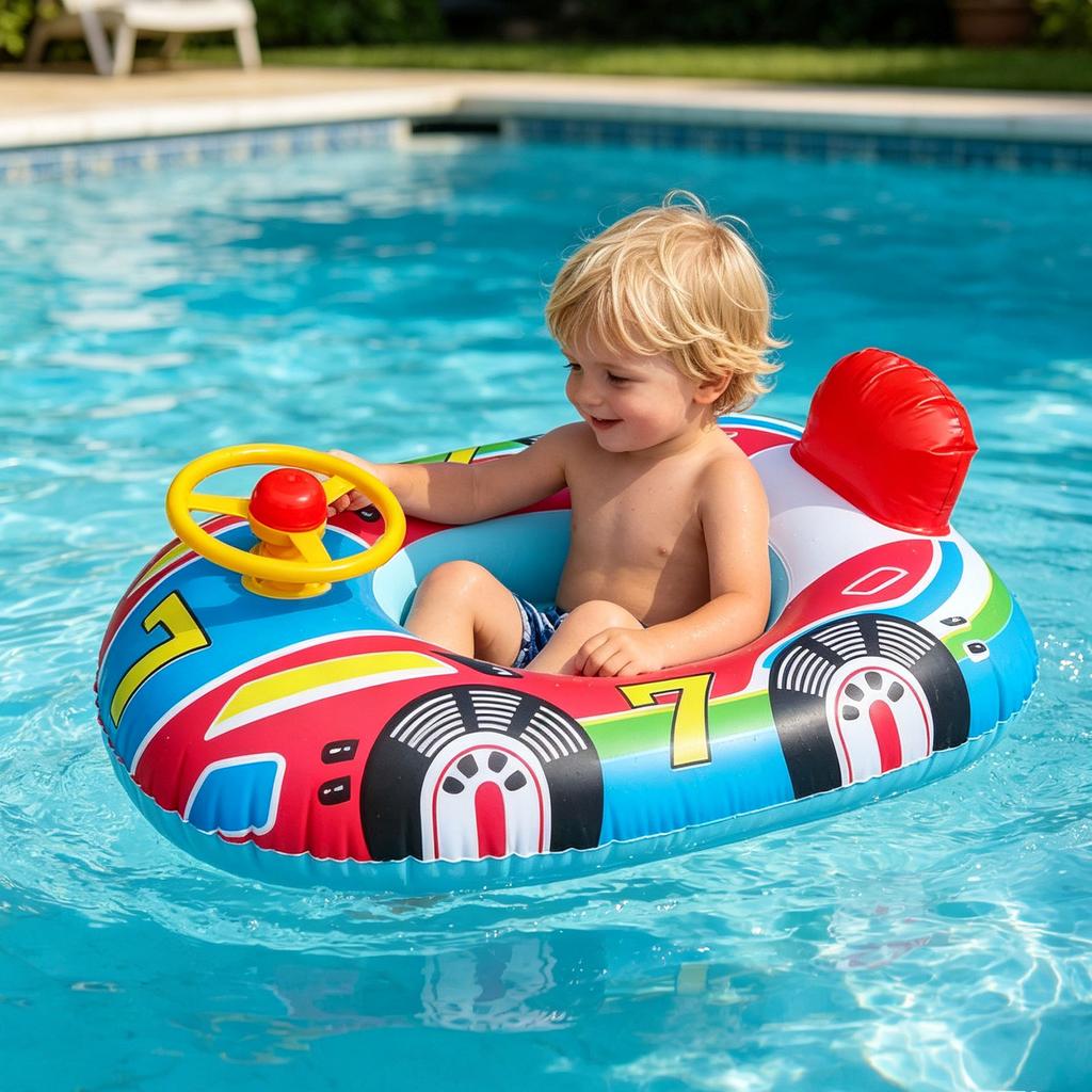 Inflatable Kids Spaceship & Rocket Swimming Ring With Steering Wheel, Water Pool Float Seat