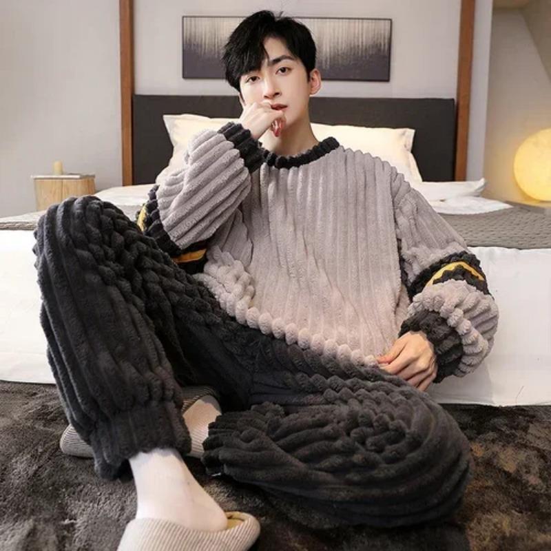 2 Pieces Set Winter Warm Sleepwear for Men Fashion Flannel Nightwear Young Boy Male Pyjamas Sleeping Top Pant Loungewear