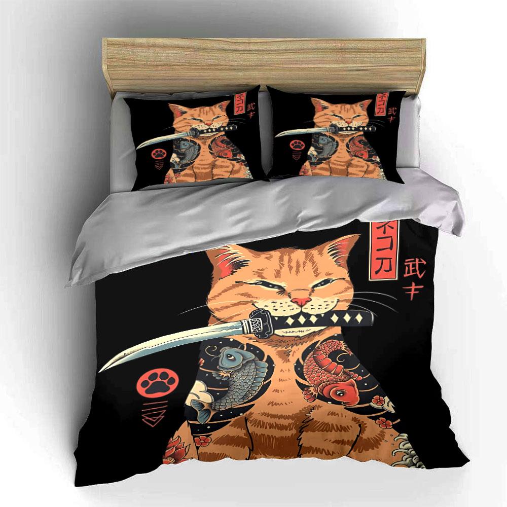 Samurai Cat Decor Set Bedding Set with 1 Duvet Cover 2 Pillowcases Single Double King Queen, Gift