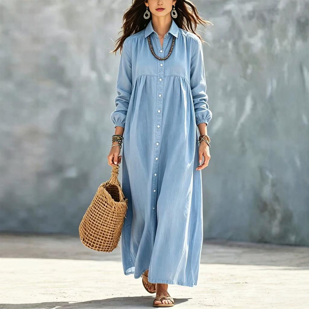 Women's Color Long Shirt Dress with Turn-Down Collar and Single-Breasted Button Front for Casual Wear