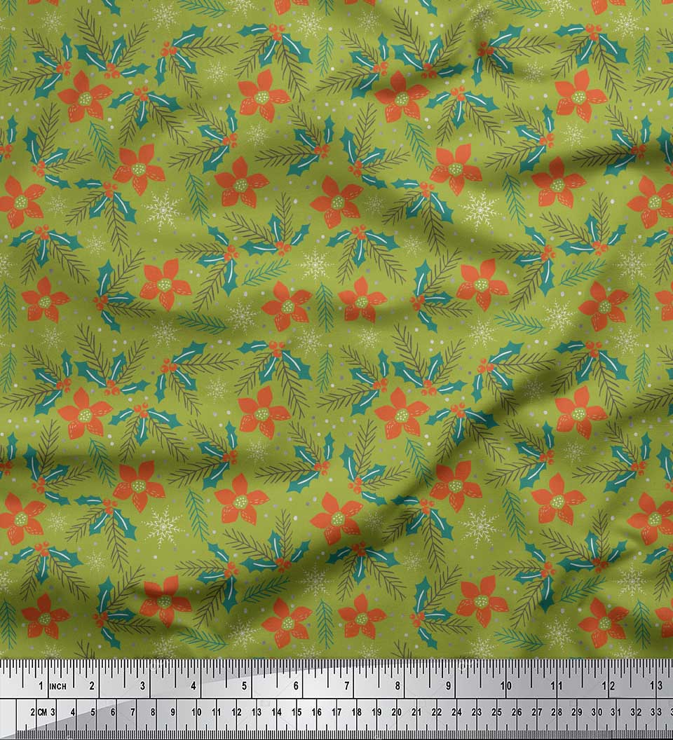 

Тканина Soimoi Purple Японський креп-сатин Листя падуба та квітковий принт Клематис Тканина на метри 42 дюйма 42 Inch Wide - Poly Crepe зелений