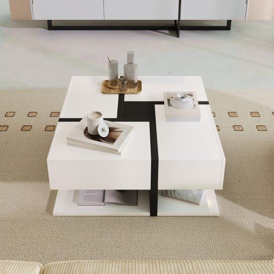 Wood Center Table High Gloss Coffee Table with 4 Drawers Unique Tea Color Coordination And Line Design Storage Space Below
