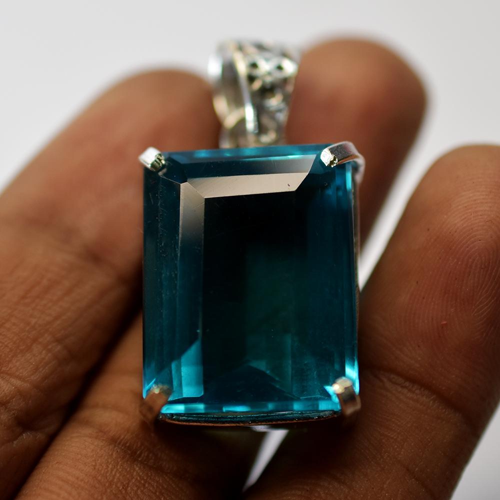 CERTIFIED Blue Sapphire Pendant 925 Sterling Silver Natural Emerald Stone 58 Ct My-487-sa