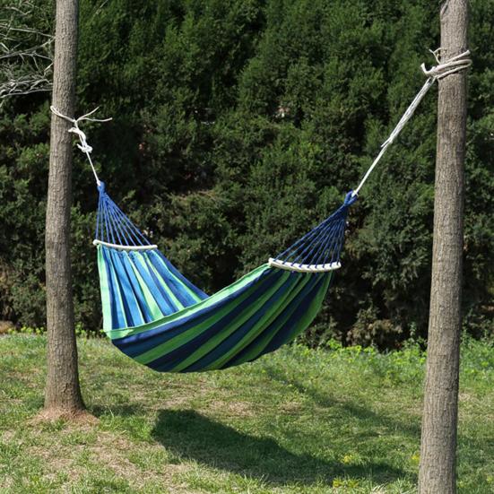 Outdoor Striped Hammock with Rope Bag, Portable Canvas Single Person Hammock, Tree Hanging Hammock for Camping Garden Patio Backyard Porch