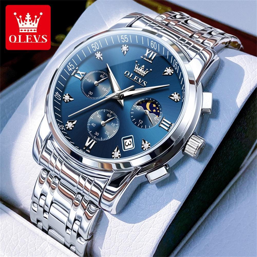 OLEVS 2858 Men's Watches Stainless Steel Waterproof Anti-Scratch Moon Phase Luminous Chronograph Luxury Quartz Men's Wristwatch