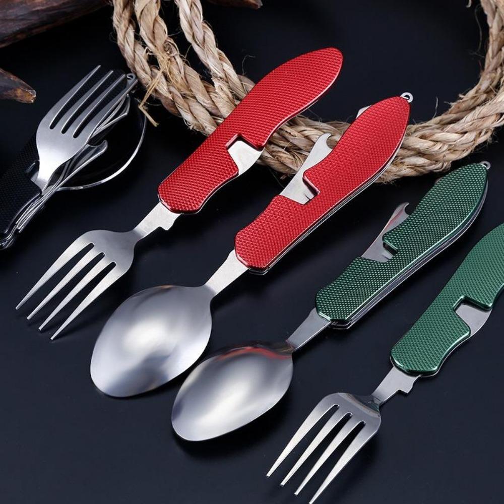 1PC Multifunction Outdoor Tableware Camping Stainless Steel Folding Pocket Kits