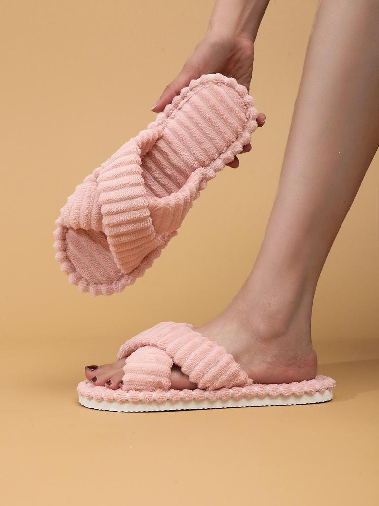 Ladies Cross Strap Corduroy House Slippers, Striped Comfy Cotton Four Seasons Indoor Slides