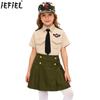 Kids Boys Girls Solider Military Uniforms Clothing Military Training Camp Outfit Short Sleeve Shirt Top with Pants Skirt Cap Tie