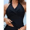 Classic Black Drawstring Halter Neck Tankini Sets, Ruched Criss Cross Centre Core Top Boxer Short Swimsuit, Women's Swimwear & Clothing