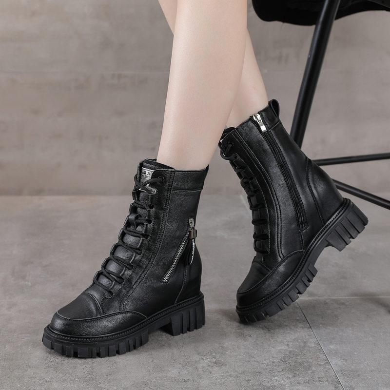 Inner Height Increasing Martin Boots Women's Spring Short Boots Casual Platform Heel Medium Boots Women's Shoes