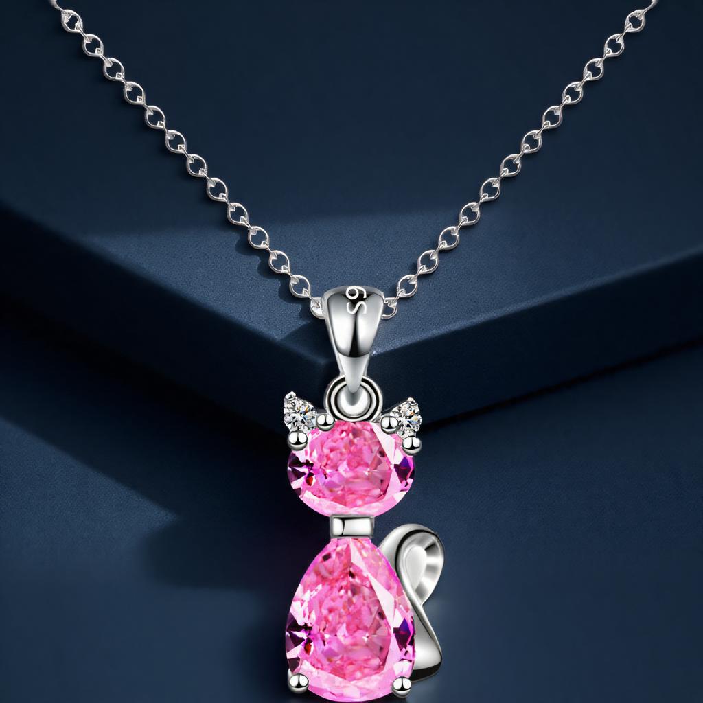 Aqua Blue Pink White Zircon Small Cat Pendant Cute Animal Necklaces For Women Trendy Silver Color Chain Necklace Wedding Jewelry