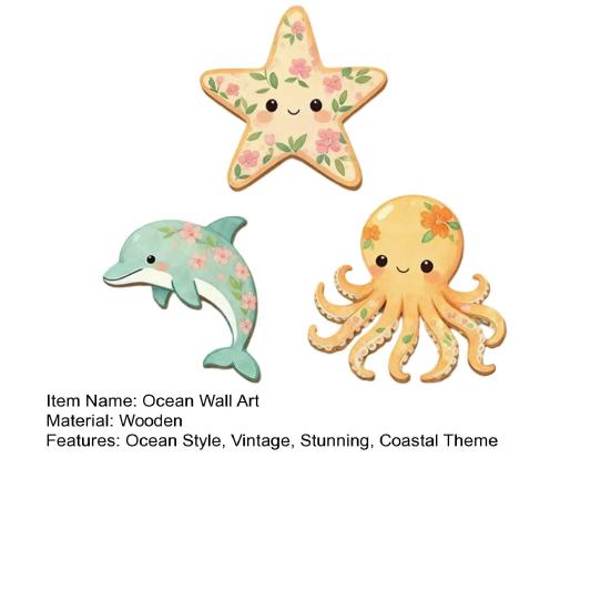 3 Piezas Arte de Pared Temática Playa Océano, Estrella de Mar de Madera 2D Delfín Pulpo Escultura Colgante de Pared para Casa de Campo, Baño, Decoración de Dormitorio