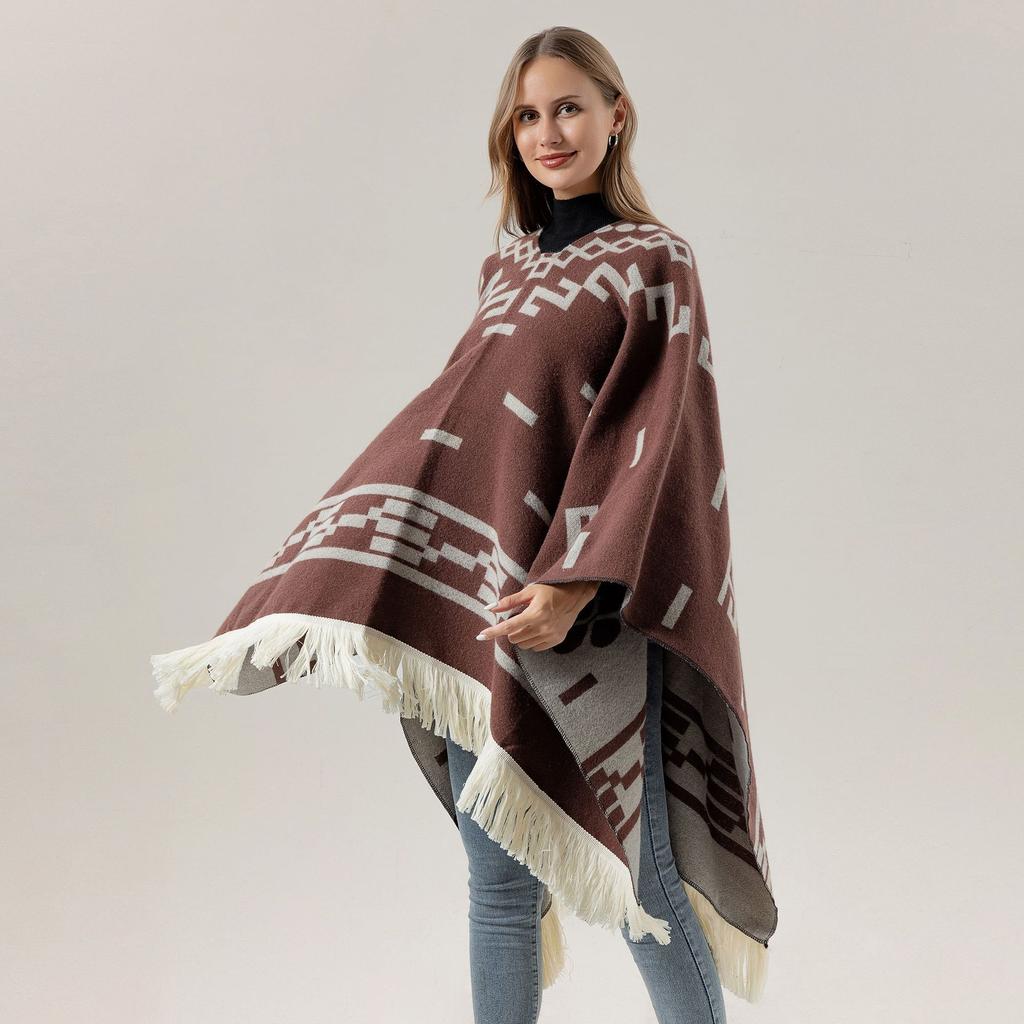 European and American Style Women's Tassel Shawl Pullover Cape Knitted Pashmina Winter Warm Wraps Large Cloak