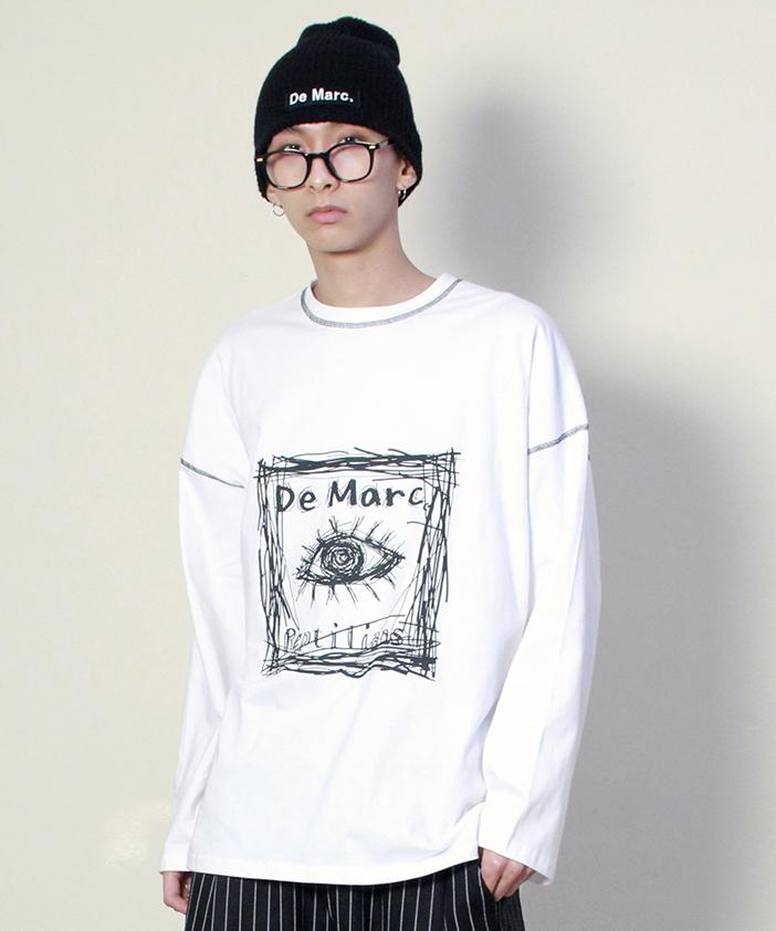 Deumakeu Square Graphic Stitch Long Sleeve T-Shirt White