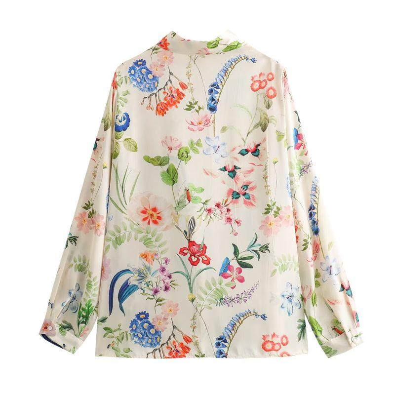 Jnleaog New Arrival Women's Clothing Fashion Style French Style Casual Fashion Personalized Minority Florals Print Satin Shirt