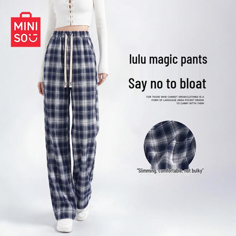 MINISO Women's Retro Plaid High-Waist Wide-Leg Pants