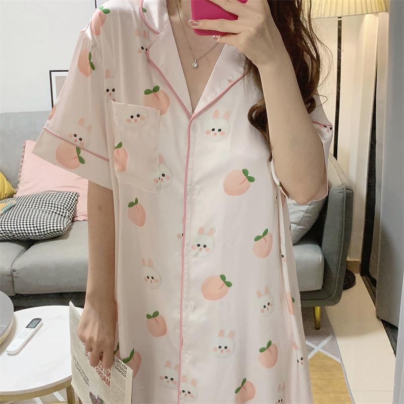 Simple And Sweet Summer Pajamas Women'S Short-Sleeved Lapel Cardigan Peach Print Loungewear Nightdress