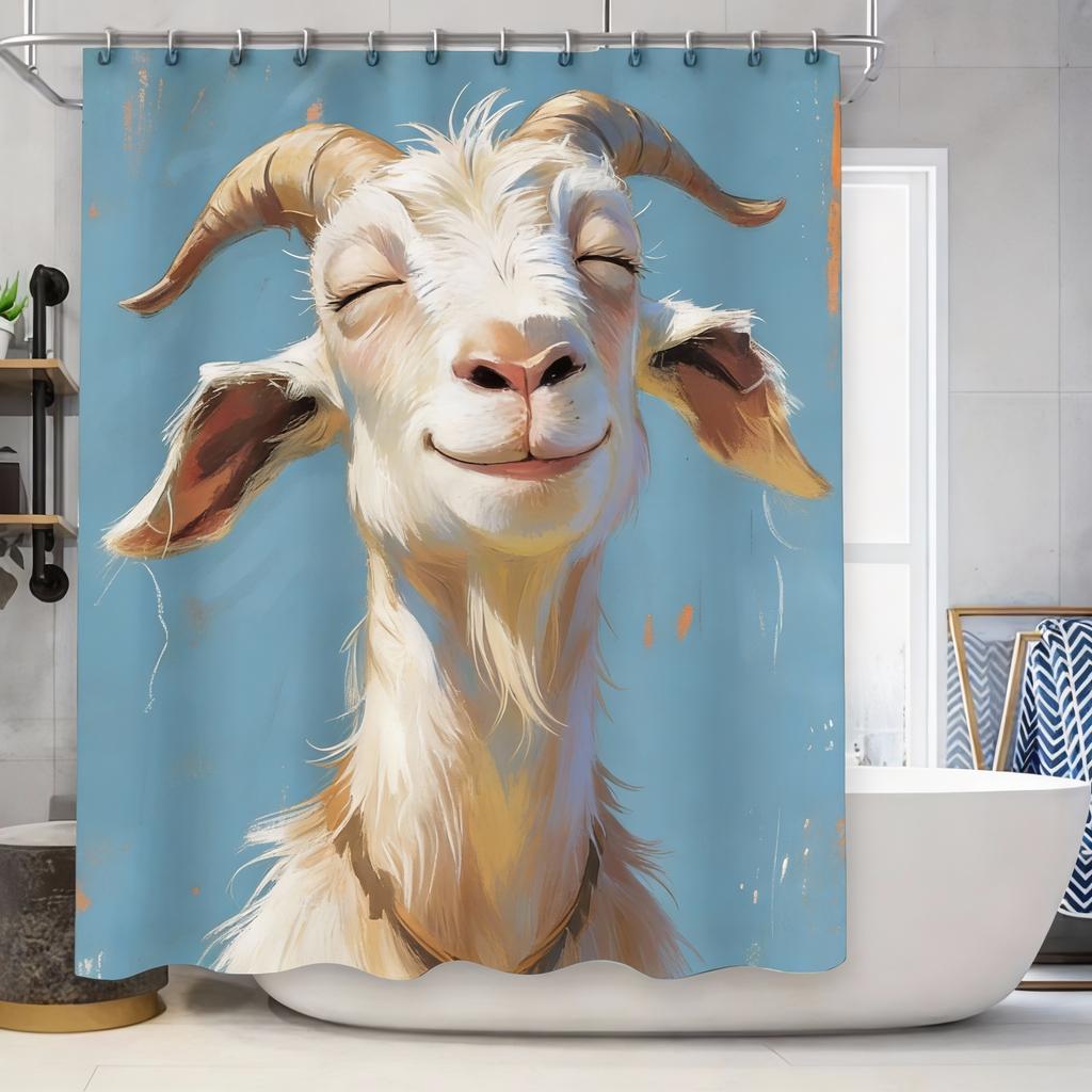 Goat Pattern Waterproof Mold-Proof Shower Curtain Creative Bathroom Curtain Unique Design Stylish Home Decor Complimentary Hook