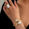 Vintage Irregular Baroque Pearls Open Bangles Rings for Women Charm Gold Color Flower Thick Chunky Rings Jewelry Set Party Gifts