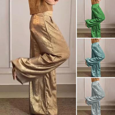 Women Long Pants Elastic High Waist Casual Trousers Metallic Solid Color Wide-Leg Pants Office Party Work