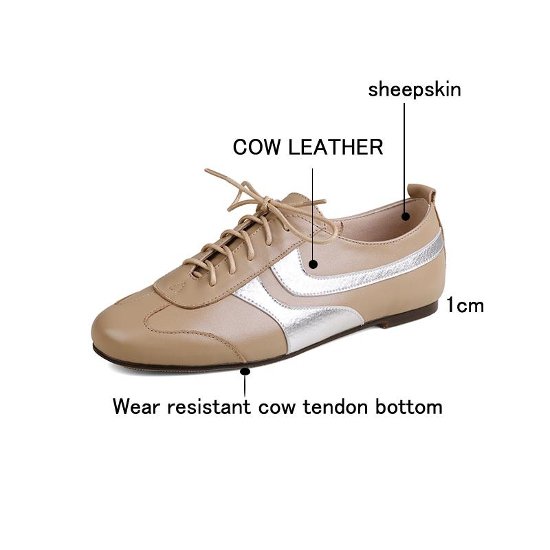 Fashion Women's new leather cowhide round toe spring and autumn low heel plus large lace up casual and comfortable sports single shoe