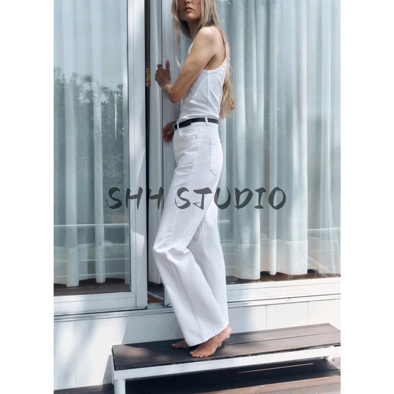 Summer New Women clothes Minimalist Style Five Pocket Decoration White Cotton High Waist Straight Jeans 1889151