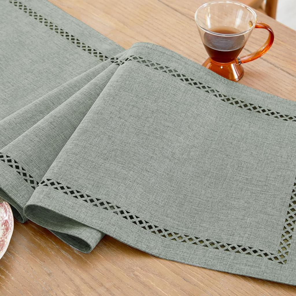 Burlap Style Farmhouse Doily,33.02 X 182.88cm Gray-green, Rustic Geometric Hollow Table Flag 182.88cm Long, Suitable for Everyda