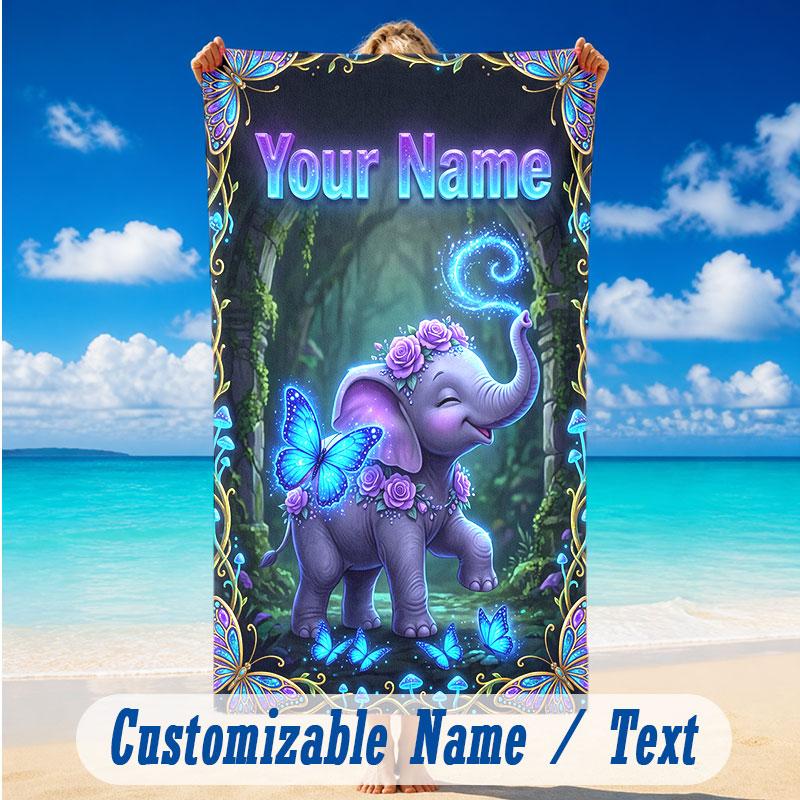 Elephant Theme Beach Towel Personalized Custom Name & Text Soft Quick Dry Beach Towel for Swimming Travel