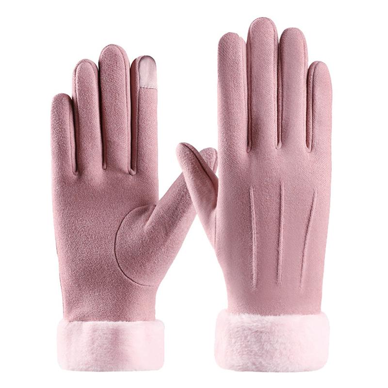 Autumn Winter Warm Suede Gloves Plus Velvet Thickened Plush Decor Cuff Gloves Outdoor Coldproof Touchscreen Riding Ski Gloves