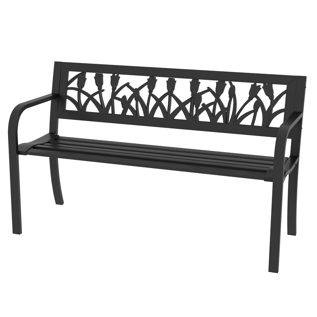 2-Seater Garden Bench in Steel with Decorated Backrest and Armrests, 125x50x75cm, Black