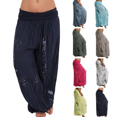 Fashion Women Casual Print Pants Wide Leg Pants Loose Pocket Button  Pants