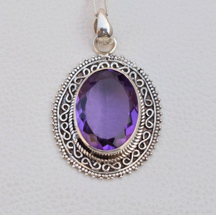 Handmade Oval Amethyst Pendant, 925 Sterling Silver, Boho Anniversary Gift